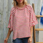 Casual Chic Cotton Red & Cream Stripe Raglan 3/4 Sleeve Pullover - DAVERRI FASHIONS