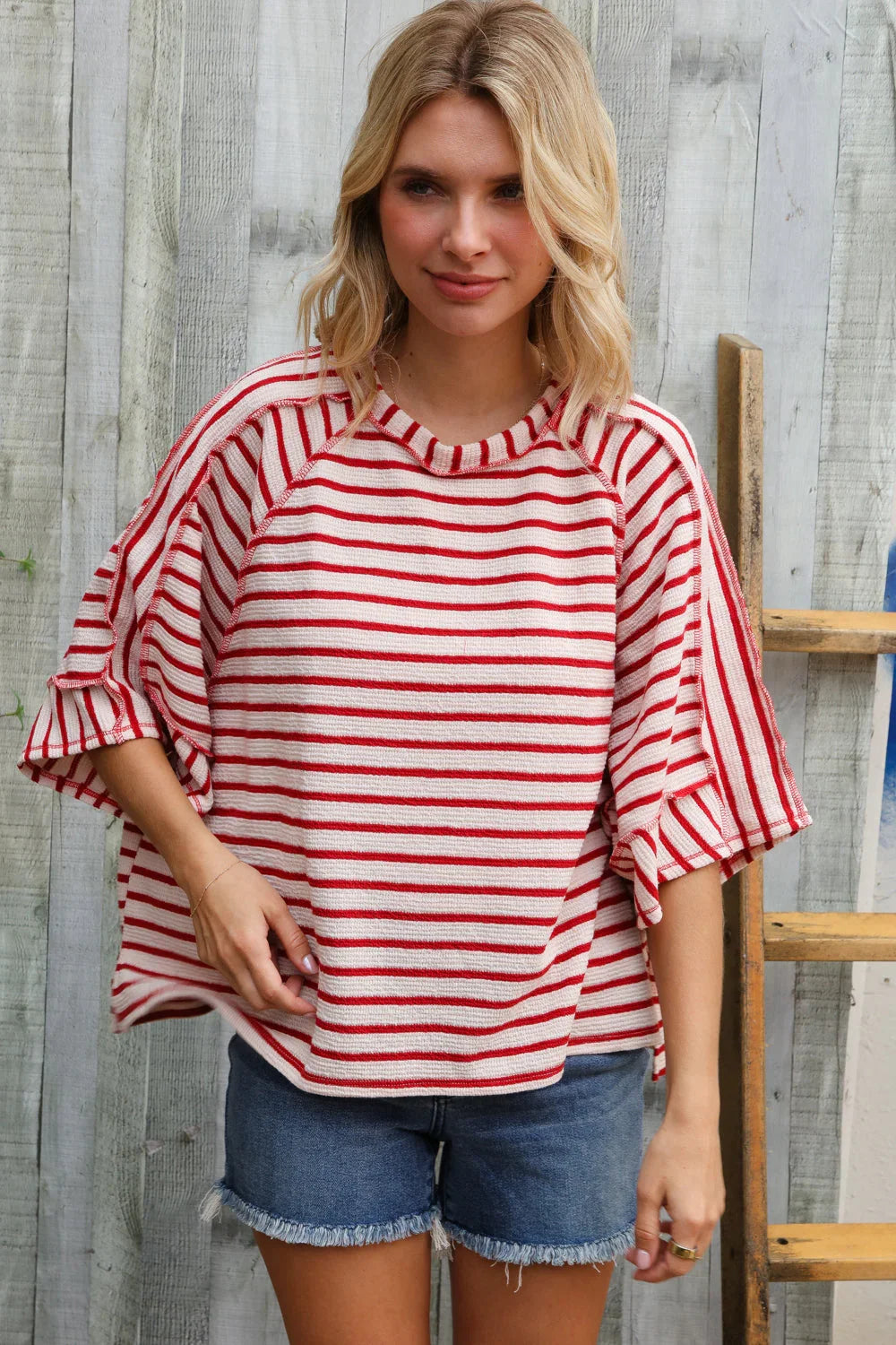 Casual Chic Cotton Red & Cream Stripe Raglan 3/4 Sleeve Pullover | Daverri Fashions