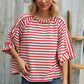 Casual Chic Cotton Red & Cream Stripe Raglan 3/4 Sleeve Pullover - DAVERRI FASHIONS