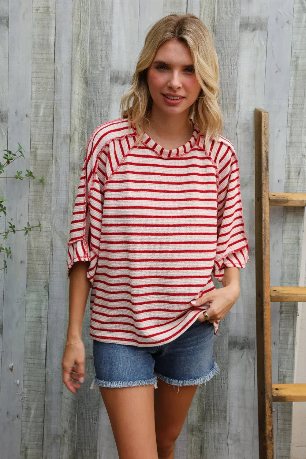 Casual Chic Cotton Red & Cream Stripe Raglan 3/4 Sleeve Pullover - DAVERRI FASHIONS