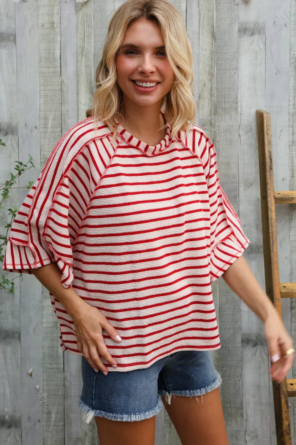 Casual Chic Cotton Red & Cream Stripe Raglan 3/4 Sleeve Pullover - DAVERRI FASHIONS