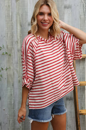 Casual Chic Cotton Red & Cream Stripe Raglan 3/4 Sleeve Pullover | Daverri Fashions