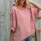 Casual Chic Cotton Red & Cream Stripe Raglan 3/4 Sleeve Pullover - DAVERRI FASHIONS