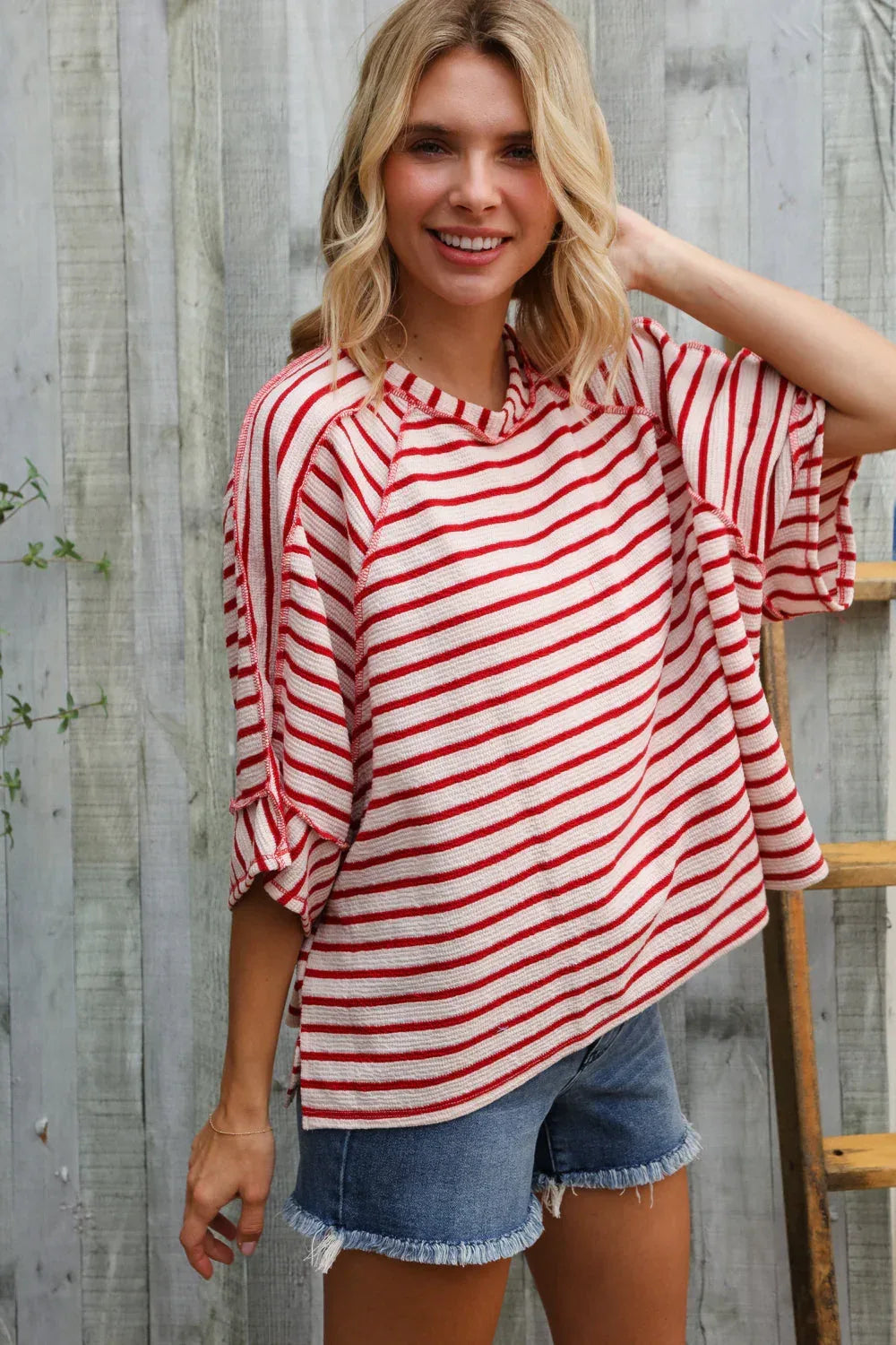 Casual Chic Cotton Red & Cream Stripe Raglan 3/4 Sleeve Pullover - DAVERRI FASHIONS