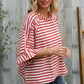 Casual Chic Cotton Red & Cream Stripe Raglan 3/4 Sleeve Pullover - DAVERRI FASHIONS