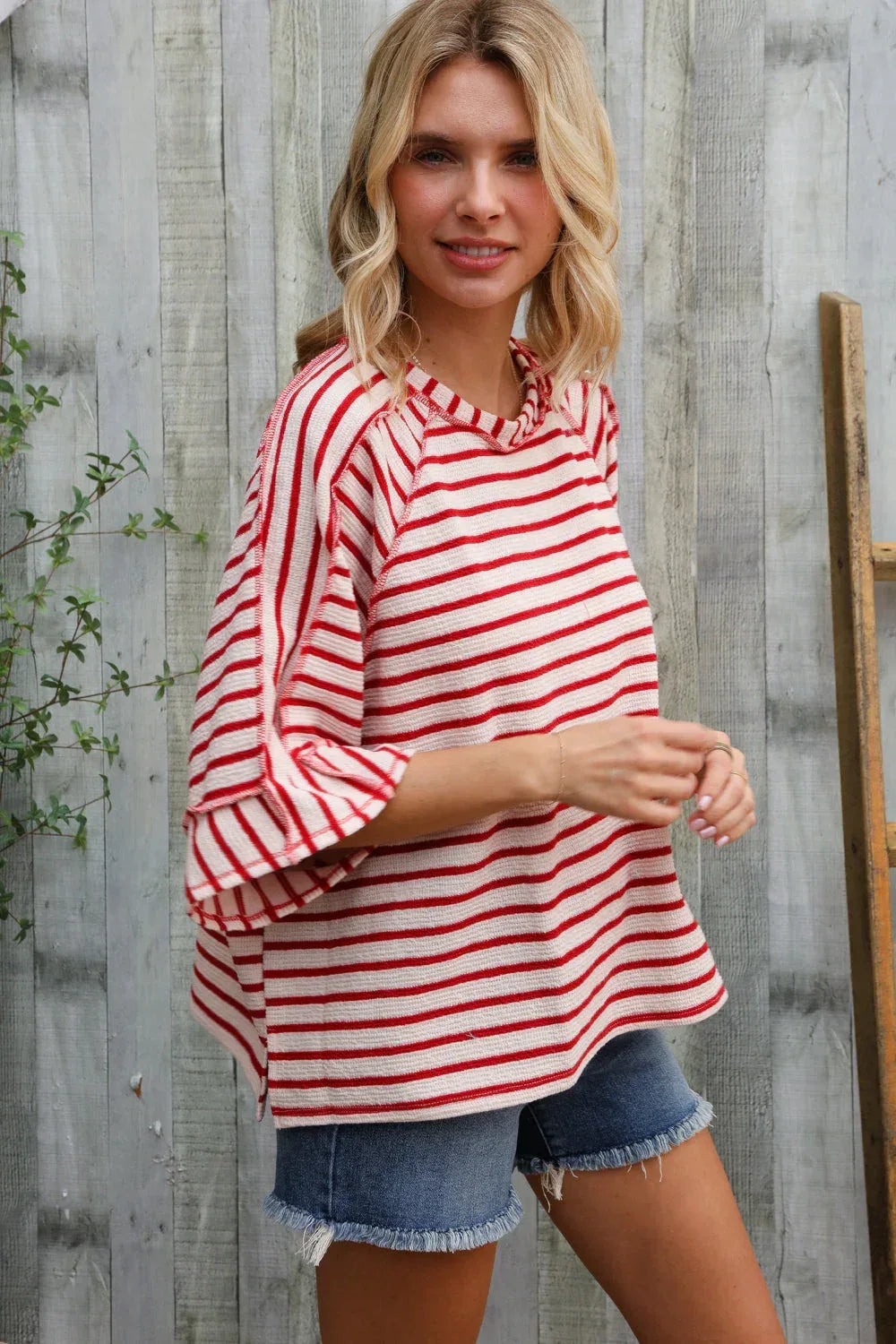 Casual Chic Cotton Red & Cream Stripe Raglan 3/4 Sleeve Pullover - DAVERRI FASHIONS