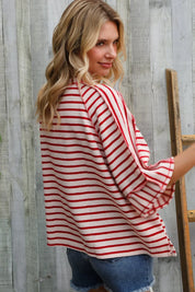 Casual Chic Cotton Red & Cream Stripe Raglan 3/4 Sleeve Pullover | Daverri Fashions