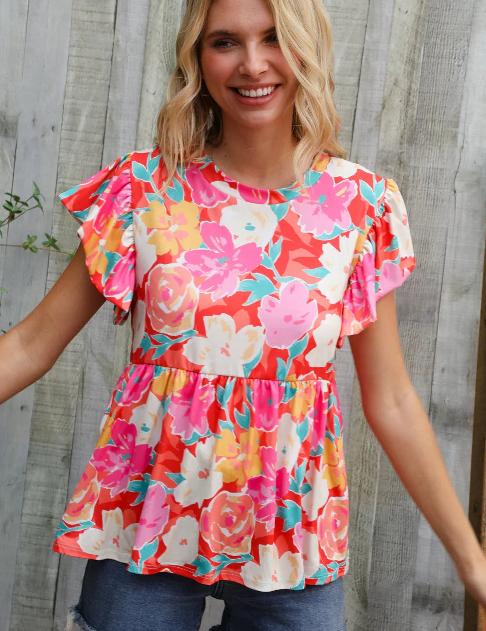 Feeling Femme' Coral Floral Print Folded Short Sleeve Babydoll Top | Daverri Fashions