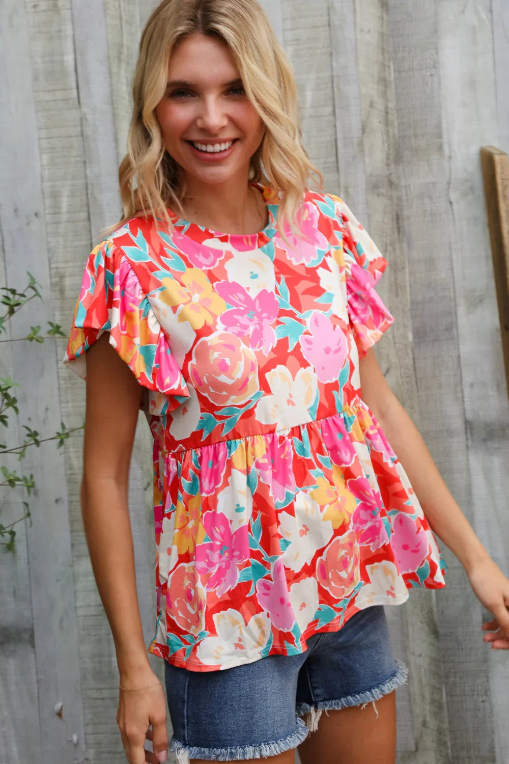 Feeling Femme' Coral Floral Print Folded Short Sleeve Babydoll Top | Daverri Fashions