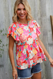Feeling Femme' Coral Floral Print Folded Short Sleeve Babydoll Top | Daverri Fashions