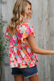 Feeling Femme' Coral Floral Print Folded Short Sleeve Babydoll Top | Daverri Fashions