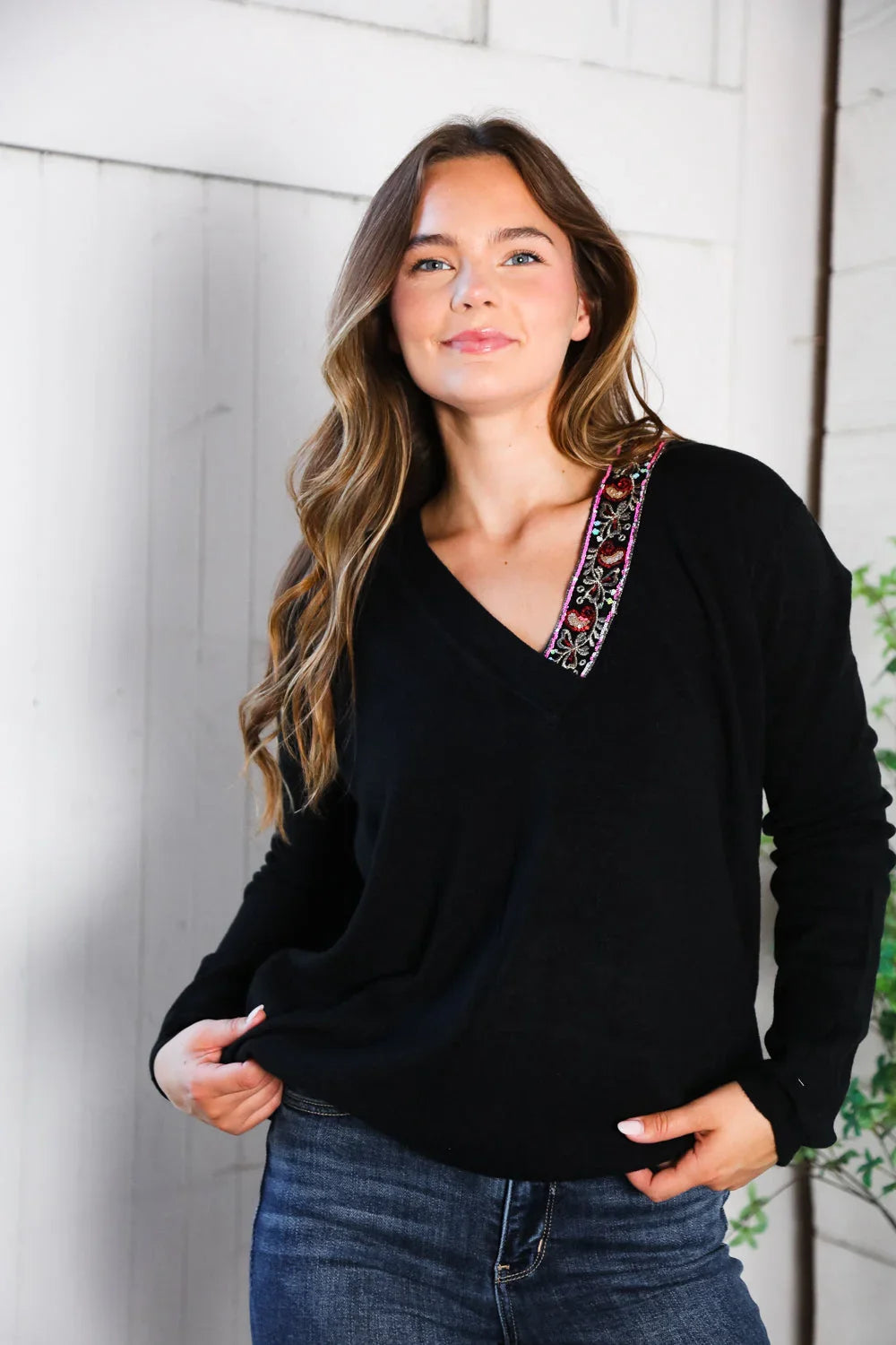 Twilight Charms Beaded V Neck Sweater | Daverri Fashions