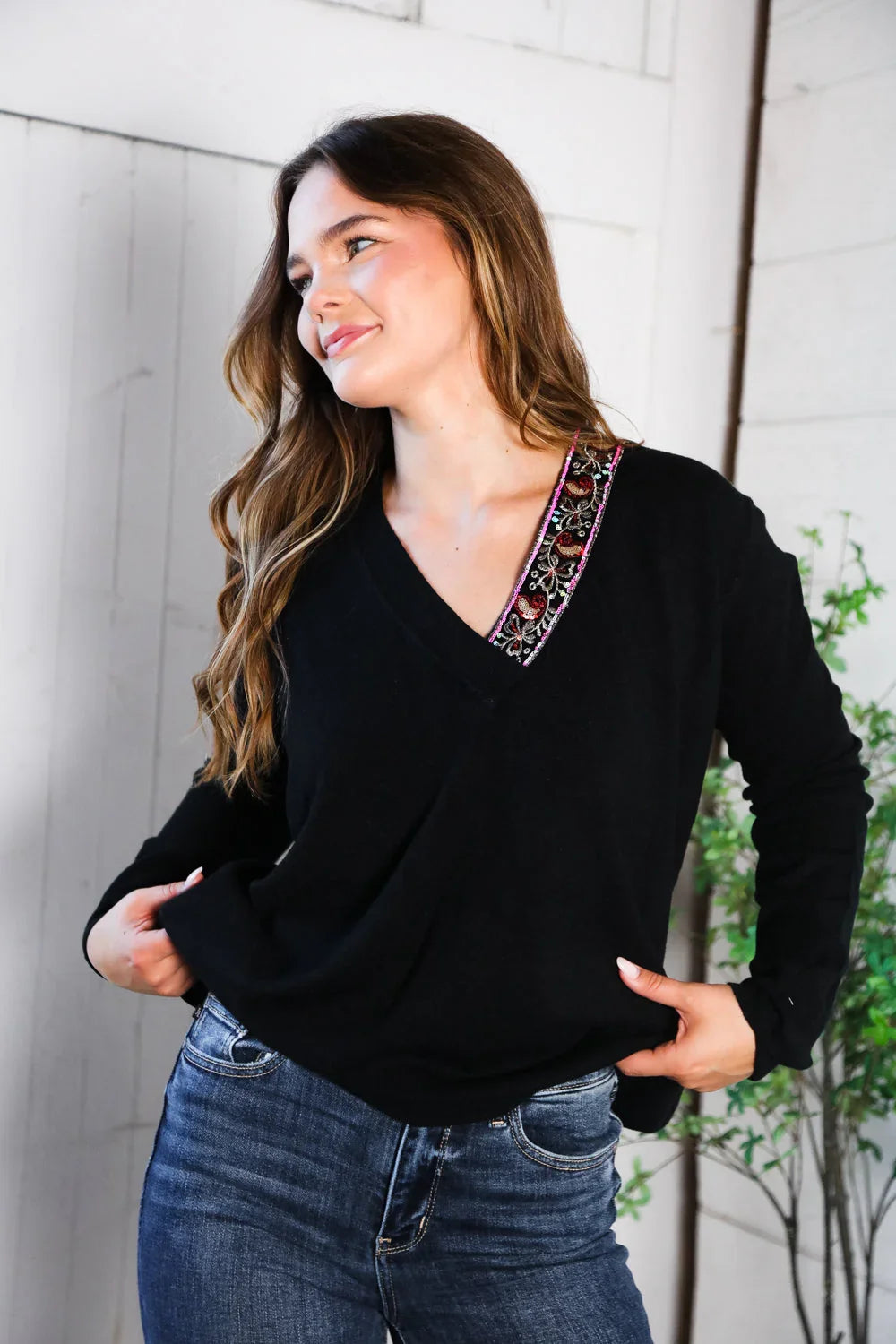 Twilight Charms Beaded V Neck Sweater | Daverri Fashions