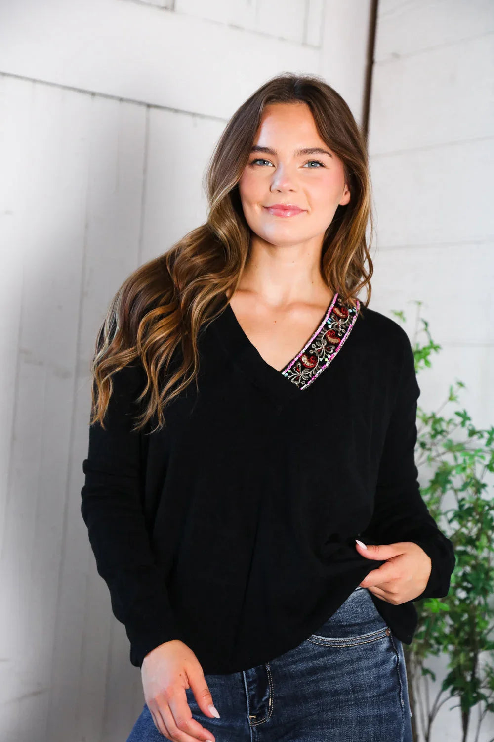 Twilight Charms Beaded V Neck Sweater | Daverri Fashions