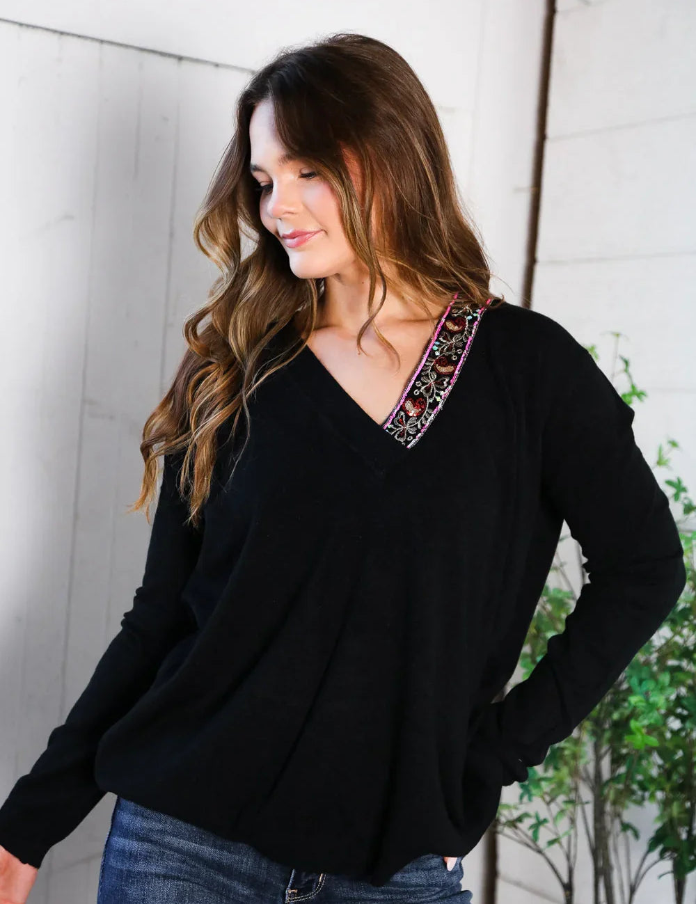 Twilight Charms Beaded V Neck Sweater | Daverri Fashions