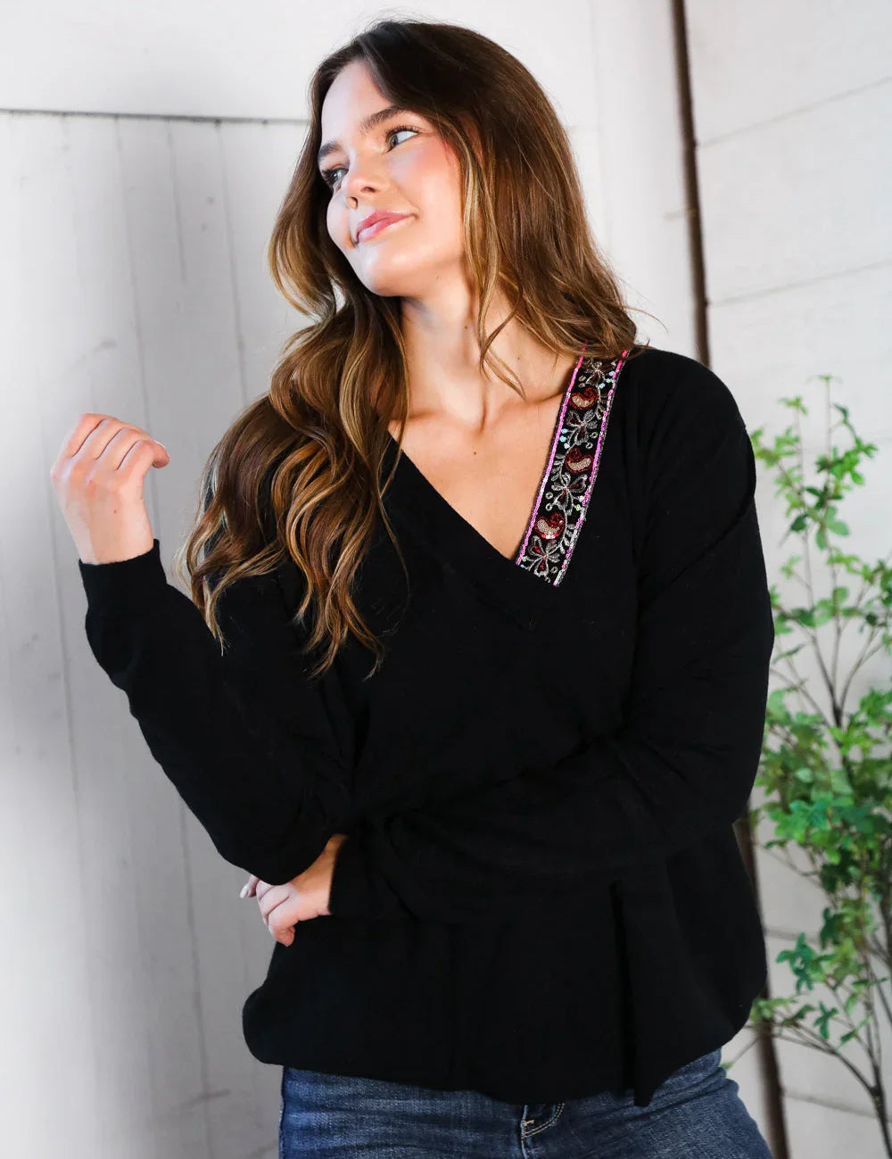 Twilight Charms Beaded V Neck Sweater | Daverri Fashions