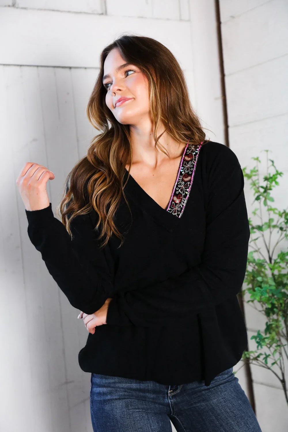 Twilight Charms Beaded V Neck Sweater | Daverri Fashions
