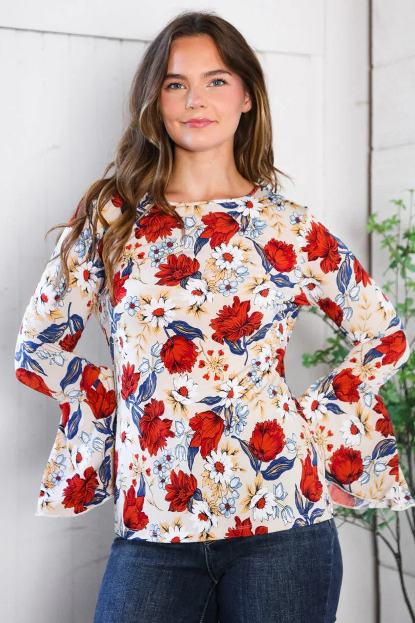 Tea Time Floral Bell Sleeve Top | Daverri Fashions