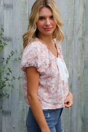 Feeling Femme' Blush Scoop Neck Floral Top w/Bow | Daverri Fashions