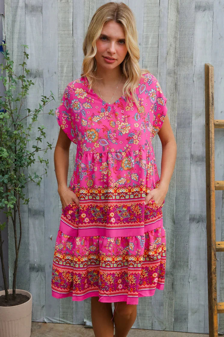 Boho Love Fuchsia Floral Print V Neck Dolman Sleeve Dress | Daverri Fashions