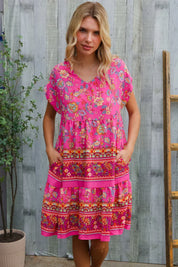 Boho Love Fuchsia Floral Print V Neck Dolman Sleeve Dress | Daverri Fashions