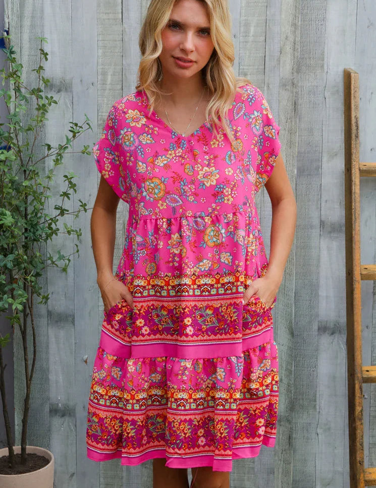Boho Love Fuchsia Floral Print V Neck Dolman Sleeve Dress | Daverri Fashions