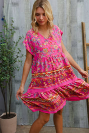 Boho Love Fuchsia Floral Print V Neck Dolman Sleeve Dress | Daverri Fashions
