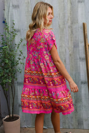 Boho Love Fuchsia Floral Print V Neck Dolman Sleeve Dress | Daverri Fashions