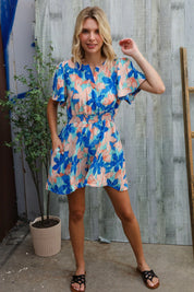 Feeling Bold Turquoise Floral Smocked Waist Flutter Sleeve Romper | Daverri Fashions