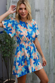 Feeling Bold Turquoise Floral Smocked Waist Flutter Sleeve Romper | Daverri Fashions