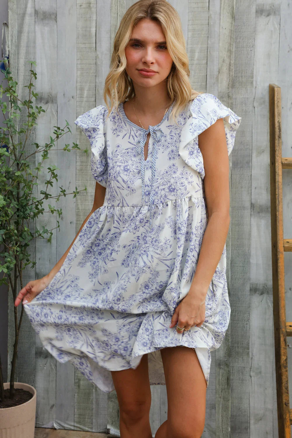 Vintage Vibes Dusty Blue Folded Ruffle Short Sleeve Babydoll Dress | Daverri Fashions