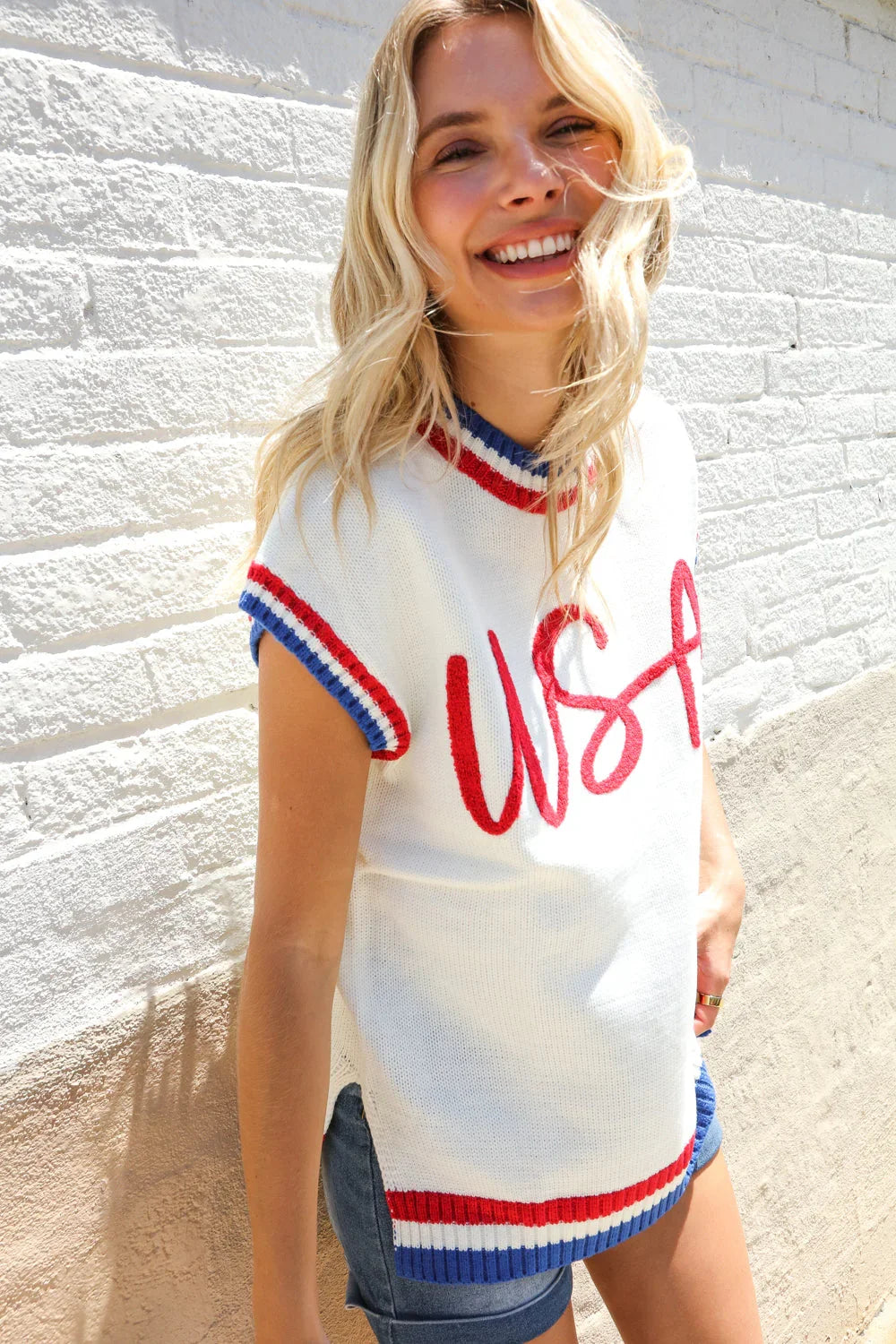 Holiday Ready Red/White & Blue USA Embroidery Dolman Top | Daverri Fashions