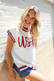 Holiday Ready Red/White & Blue USA Embroidery Dolman Top | Daverri Fashions