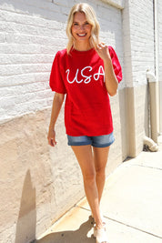 Patriotic USA Red Knit Embroidery Puff Sleeve Sweater Top | Daverri Fashions