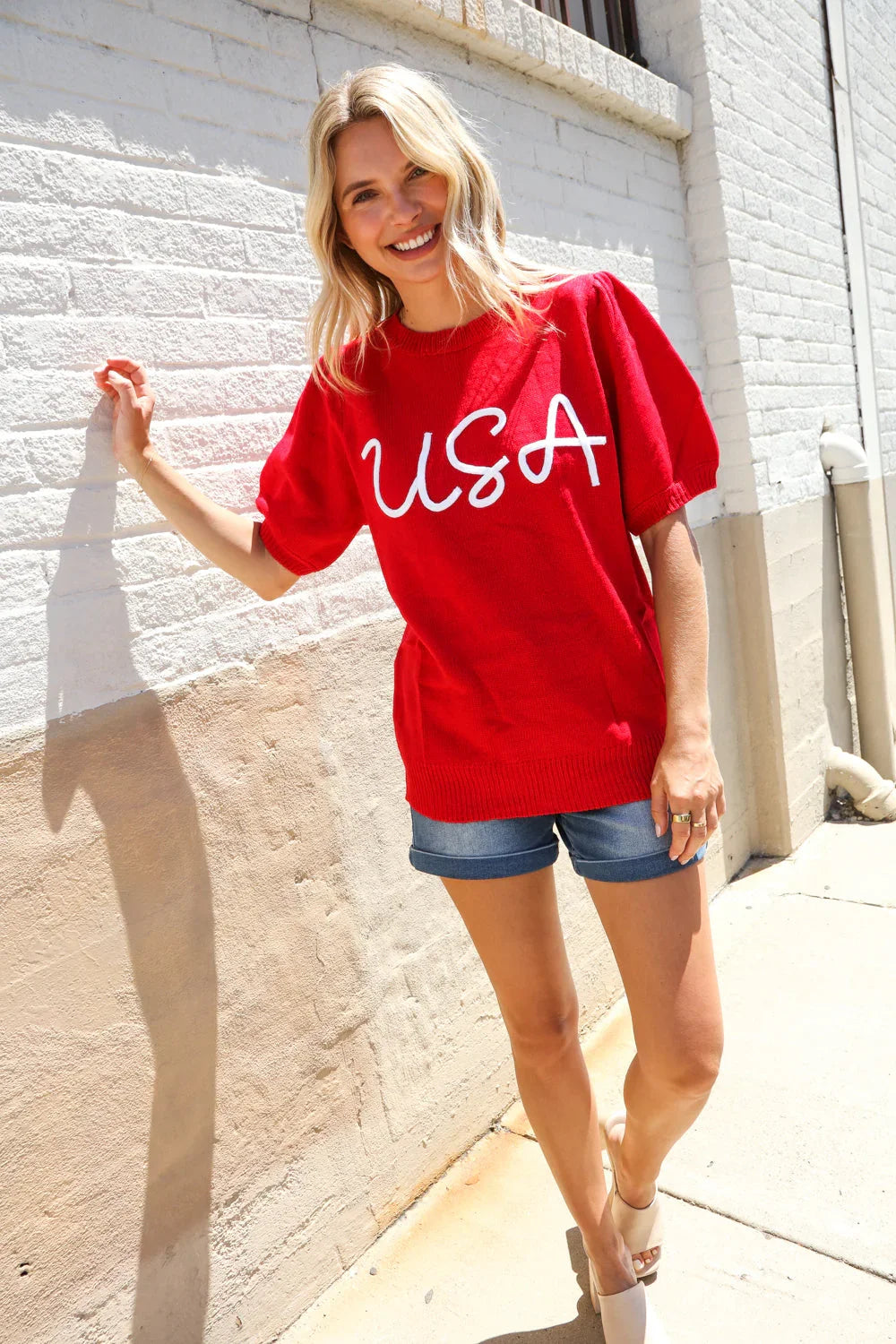 Patriotic USA Red Knit Embroidery Puff Sleeve Sweater Top | Daverri Fashions