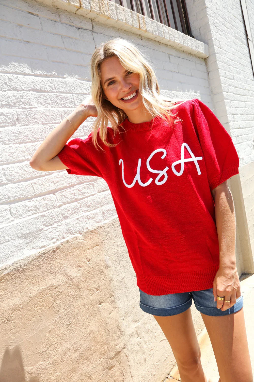 Patriotic USA Red Knit Embroidery Puff Sleeve Sweater Top | Daverri Fashions