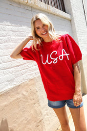 Patriotic USA Red Knit Embroidery Puff Sleeve Sweater Top | Daverri Fashions