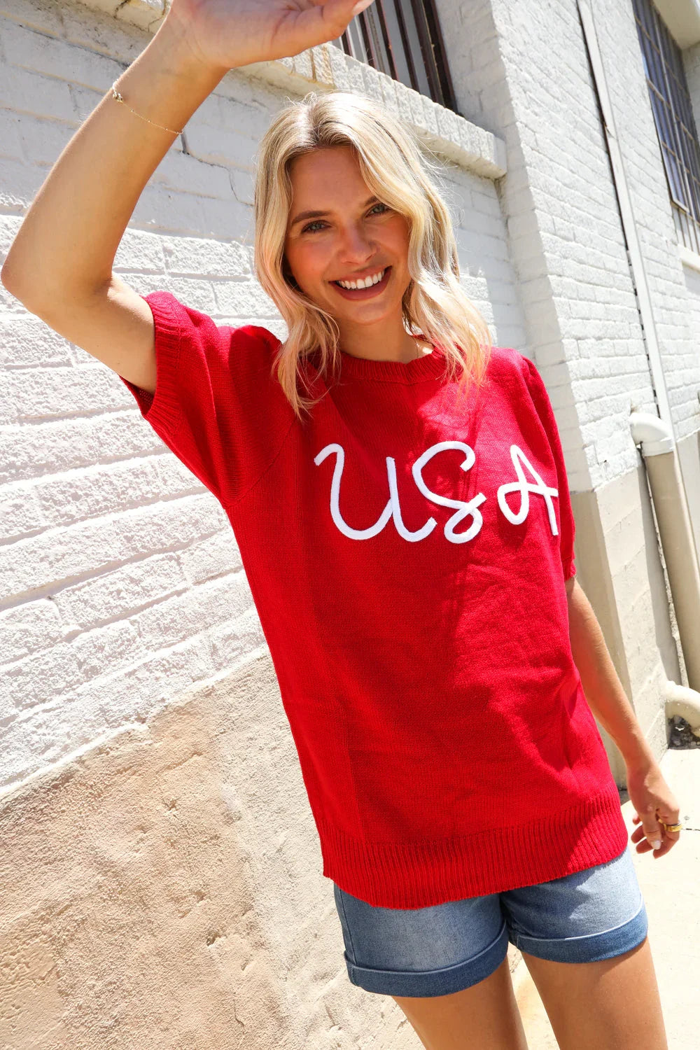 Patriotic USA Red Knit Embroidery Puff Sleeve Sweater Top | Daverri Fashions