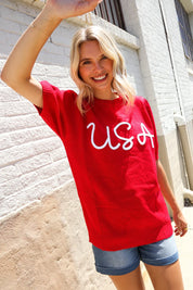 Patriotic USA Red Knit Embroidery Puff Sleeve Sweater Top | Daverri Fashions