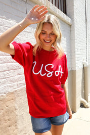 Patriotic USA Red Knit Embroidery Puff Sleeve Sweater Top | Daverri Fashions