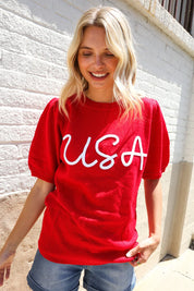 Patriotic USA Red Knit Embroidery Puff Sleeve Sweater Top | Daverri Fashions