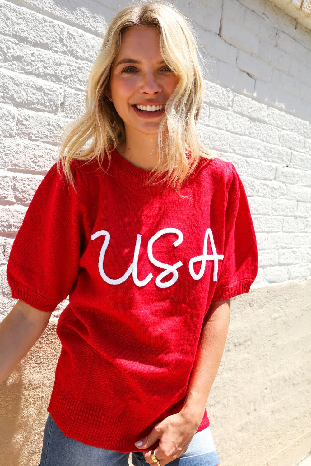 Patriotic USA Red Knit Embroidery Puff Sleeve Sweater Top | Daverri Fashions