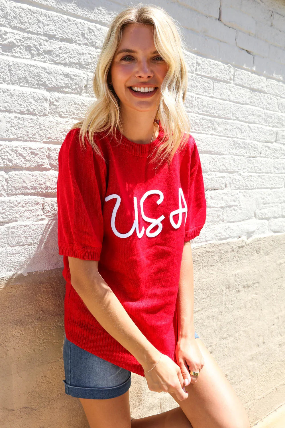 Patriotic USA Red Knit Embroidery Puff Sleeve Sweater Top | Daverri Fashions