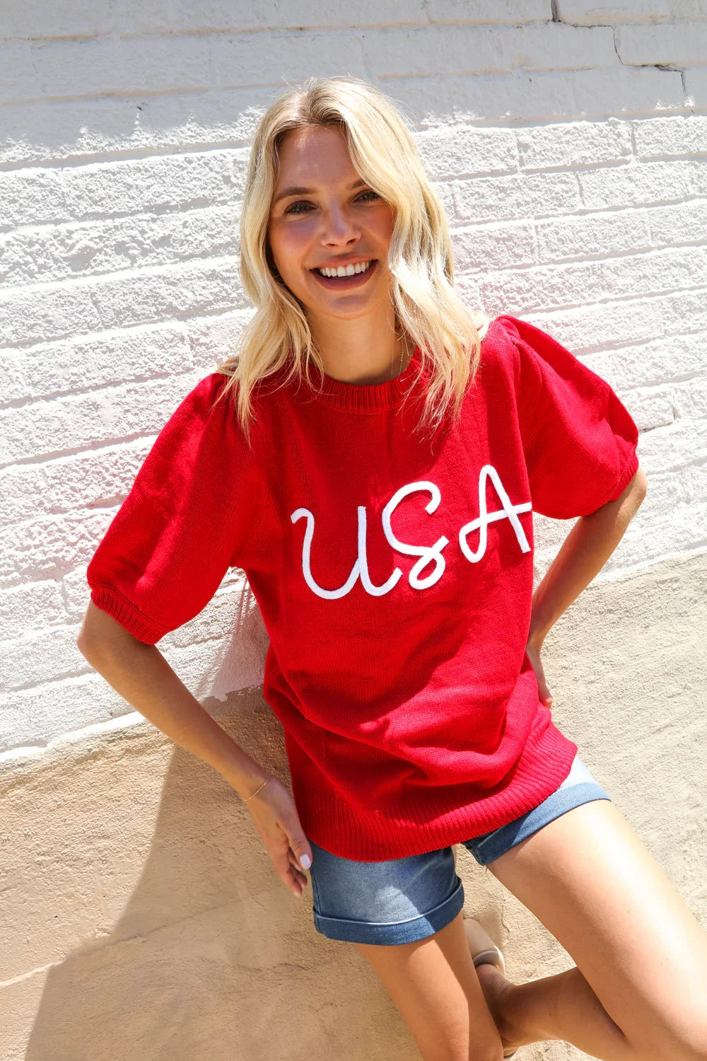 Patriotic USA Red Knit Embroidery Puff Sleeve Sweater Top | Daverri Fashions