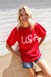 Patriotic USA Red Knit Embroidery Puff Sleeve Sweater Top | Daverri Fashions