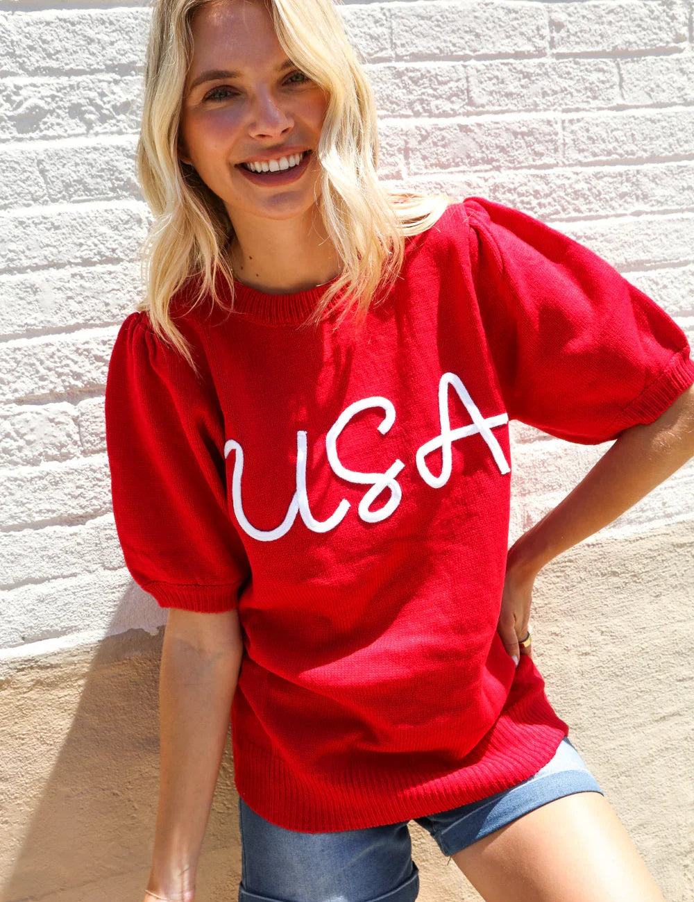 Patriotic USA Red Knit Embroidery Puff Sleeve Sweater Top | Daverri Fashions