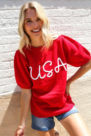 Patriotic USA Red Knit Embroidery Puff Sleeve Sweater Top | Daverri Fashions