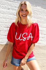 Patriotic USA Red Knit Embroidery Puff Sleeve Sweater Top | Daverri Fashions