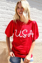Patriotic USA Red Knit Embroidery Puff Sleeve Sweater Top | Daverri Fashions