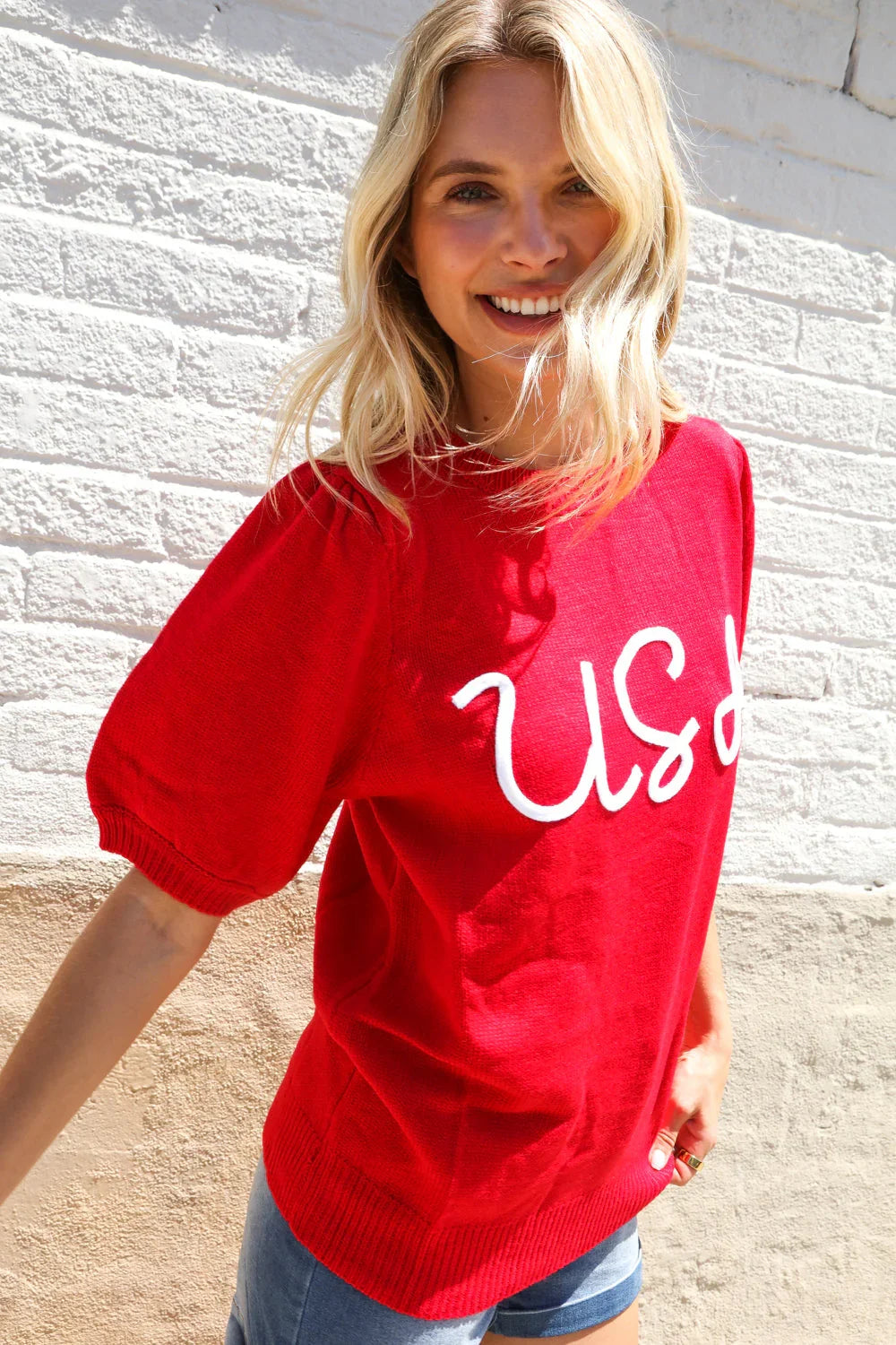 Patriotic USA Red Knit Embroidery Puff Sleeve Sweater Top | Daverri Fashions